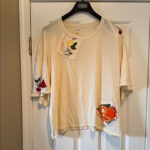 Anthropologie Cream Short-Sleeve Tee with Fruit Appliqués